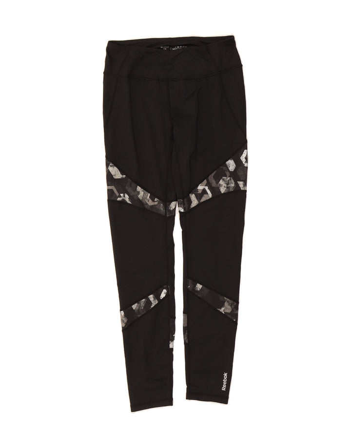 REEBOK Womens Leggings UK 12 Medium  Black Geometric Polyester Vintage Reebok and Second-Hand Reebok from Messina Hembry 