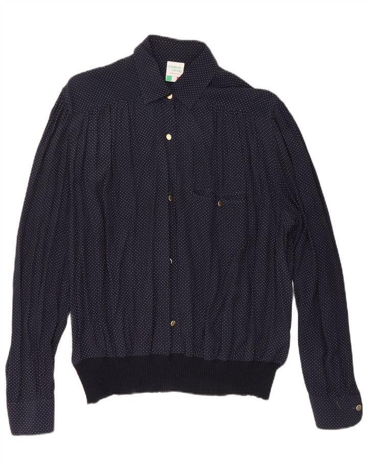 VINTAGE Γυναικείο Πουκάμισο Μπλούζα UK 16 Large Navy Blue Spotted Viscose