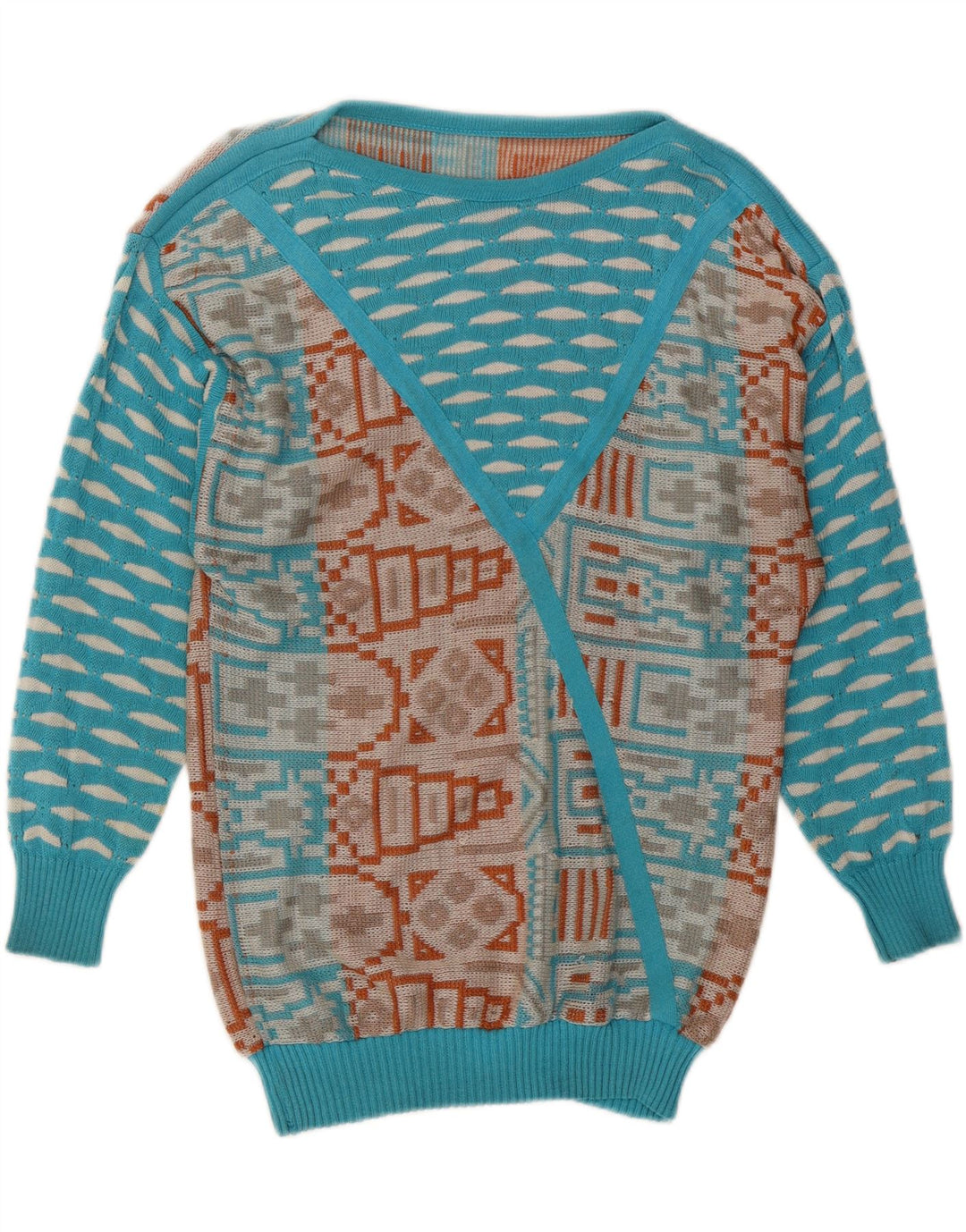 VINTAGE Γυναικείο πουλόβερ με λαιμόκαυστο UK 14 Medium Blue Geometric