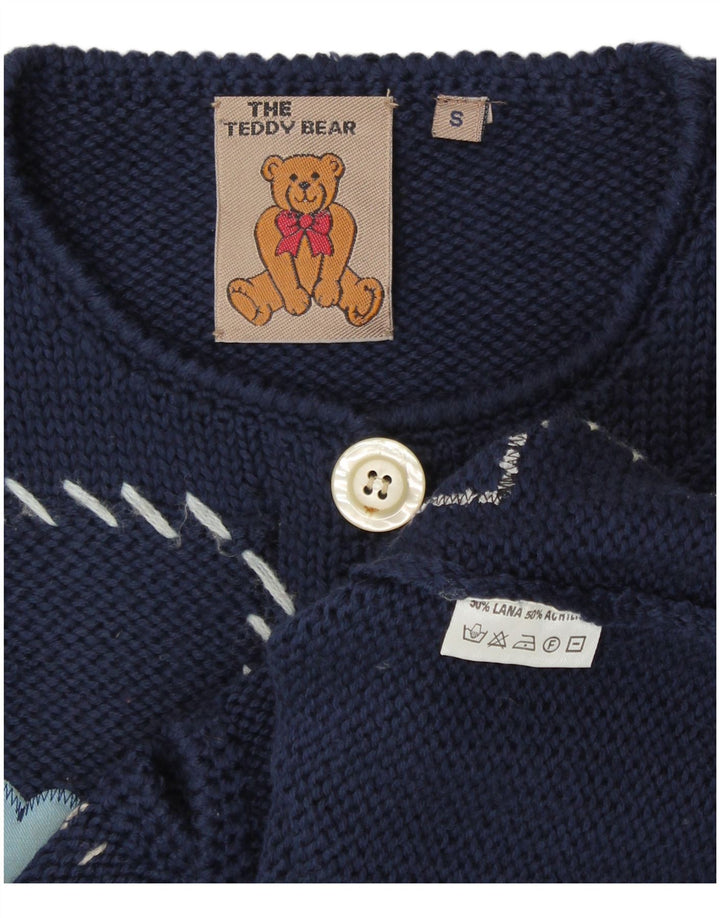 VINTAGE Γυναικείο Teddy Bear Ζακέτα UK 10 Small Navy Blue Patchwork