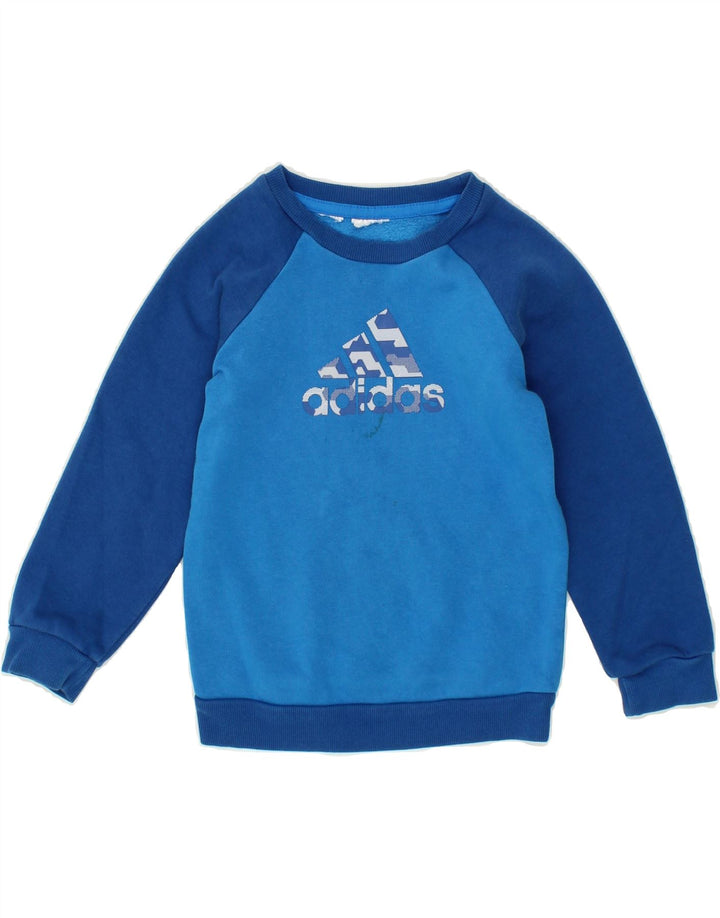 ADIDAS Boys Graphic Sweatshirt Jumper 2-3 Years Blue Colourblock Vintage Adidas and Second-Hand Adidas from Messina Hembry 