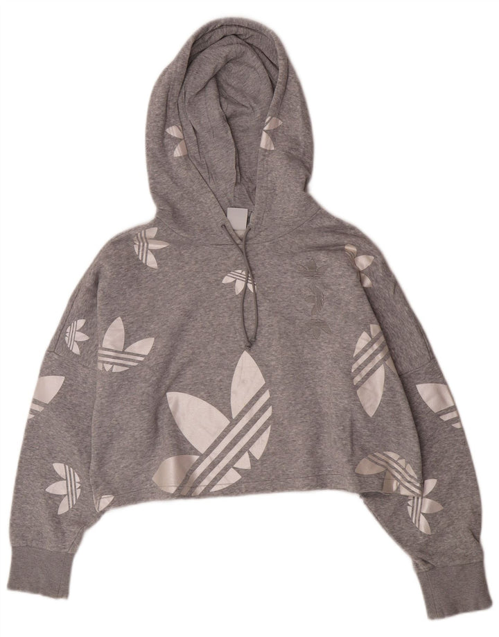 Adidas Γυναικεία Crop Graphic Oversized Hoodie Jumper UK 12 Medium Grey Cotton