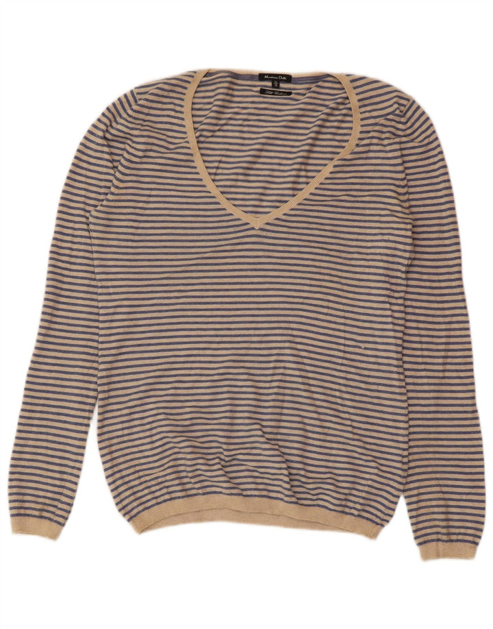 MASSIMO DUTTI Γυναικείο πουλόβερ με V λαιμόκοψη UK 18 XL μπλε ριγέ κασμίρ