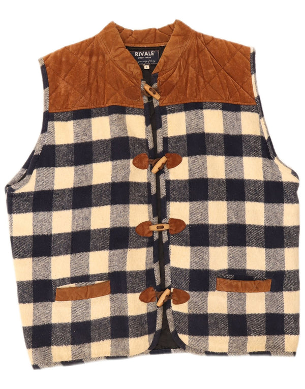 Vintage Ανδρικό Duffle Gilet UK 40 Large Navy Blue Check Cotton
