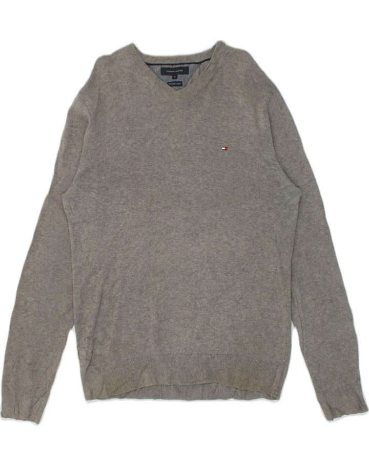 TOMMY HILFIGER Mens V-Neck Jumper Sweater Large Grey Cotton | Vintage Tommy Hilfiger | Thrift | Second-Hand Tommy Hilfiger | Used Clothing | Messina Hembry 
