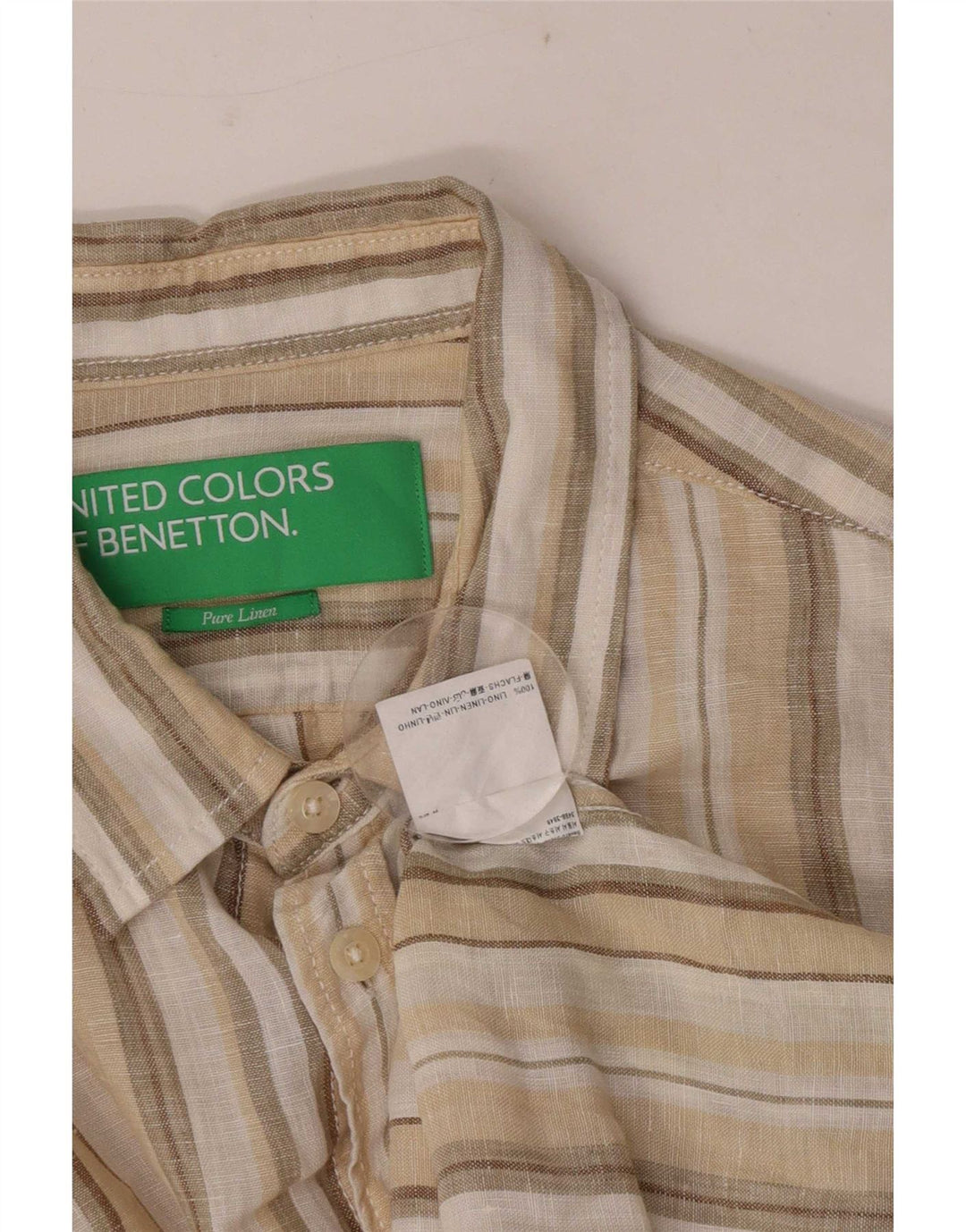Ανδρικό πουκάμισο Benetton Λινό μεσαίο μπεζ ριγέ
