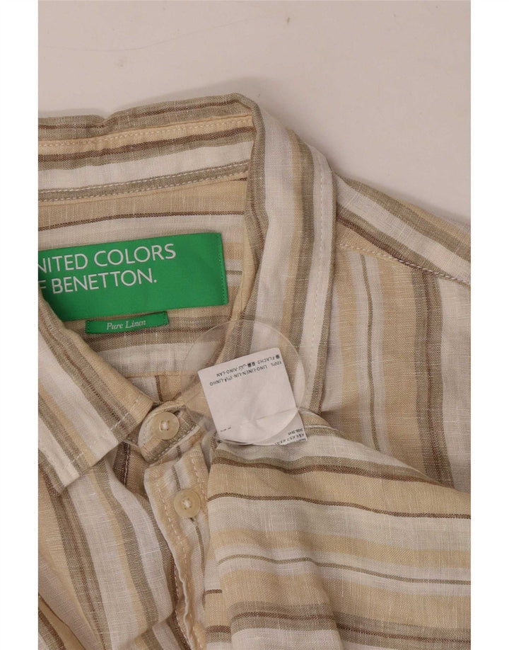 Ανδρικό πουκάμισο Benetton Λινό μεσαίο μπεζ ριγέ