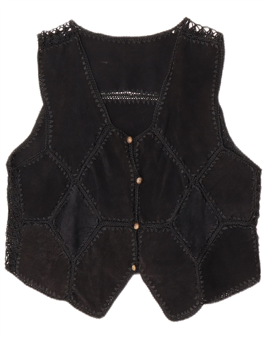 Vintage Γυναικείο Crop Suede Γιλέκο UK 14 Medium Black Patchwork