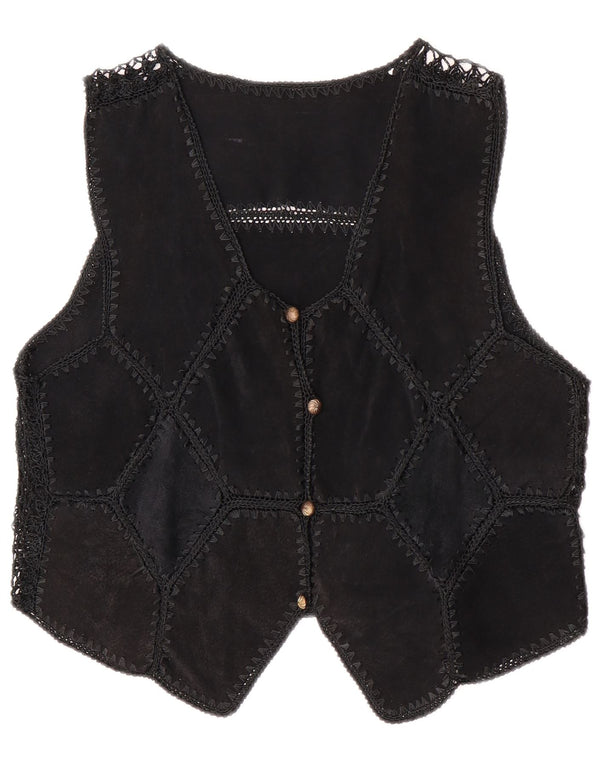 Vintage Γυναικείο Crop Suede Γιλέκο UK 14 Medium Black Patchwork