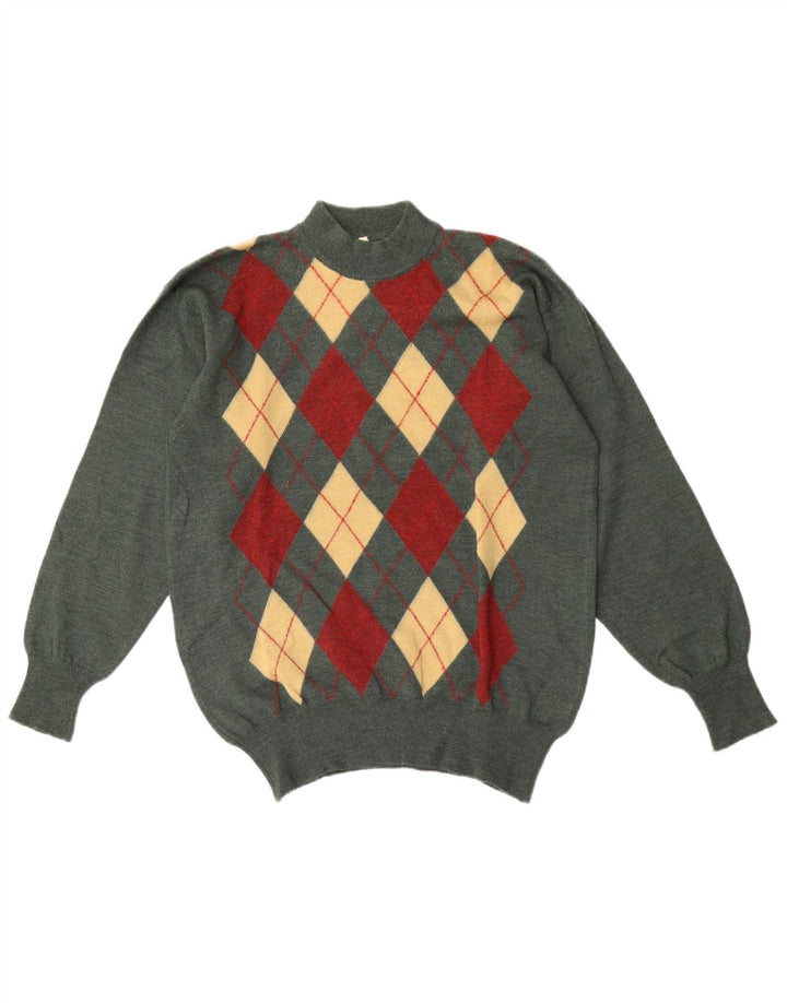Vintage ανδρικό πουλόβερ με λαιμόκοψη IT 50 Medium Green Argyle/Diamond