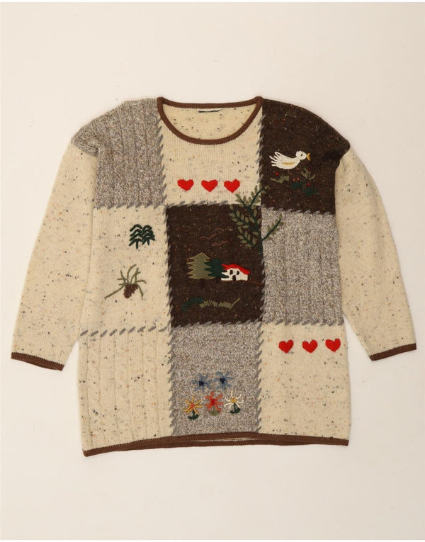 Vintage γυναικείο πουλόβερ με λαιμόκοψη UK 16 Large Beige Patchwork Καινοτομία
