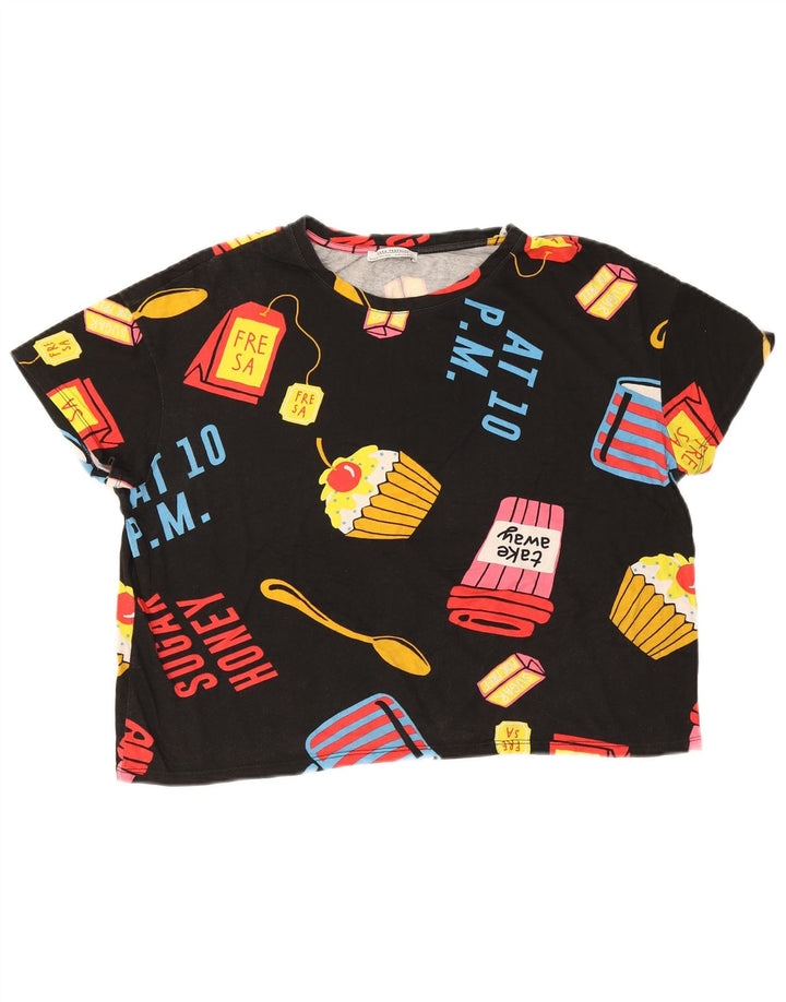 Zara Γυναικείο T-Shirt Crop Oversized γραφικό Top UK 14 Medium Black