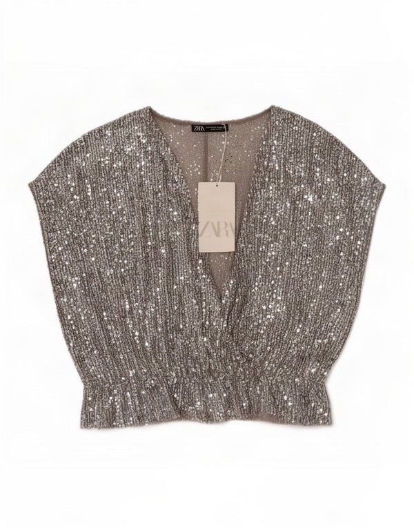 Zara Γυναικεία Μπλούζα Τοπ UK 12 Medium Silver Polyester