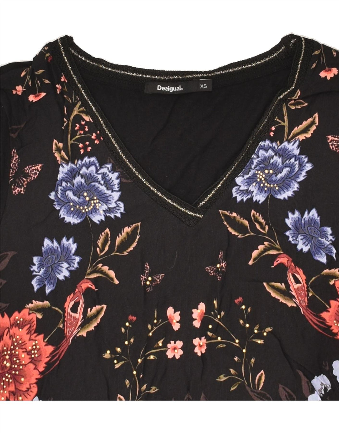 DESIGUAL Womens Graphic Top 3/4 Sleeve UK 6 XS Black Floral Viscose | Vintage Desigual | Thrift | Second-Hand Desigual | Used Clothing | Messina Hembry 