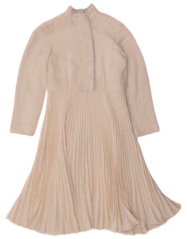 Vintage γυναικείο φόρεμα 3/4 με μανίκια A-line UK 4 XS Beige Check Polyester