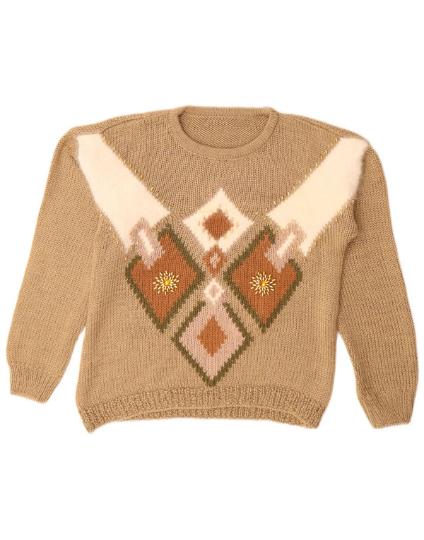 Vintage γυναικείο πουλόβερ με λαιμόκοψη UK 14 Medium Beige γεωμετρικό