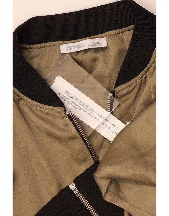 ZARA Γυναικείο Crop Bomber Jacket UK 10 Small Beige Colourblock Polyester