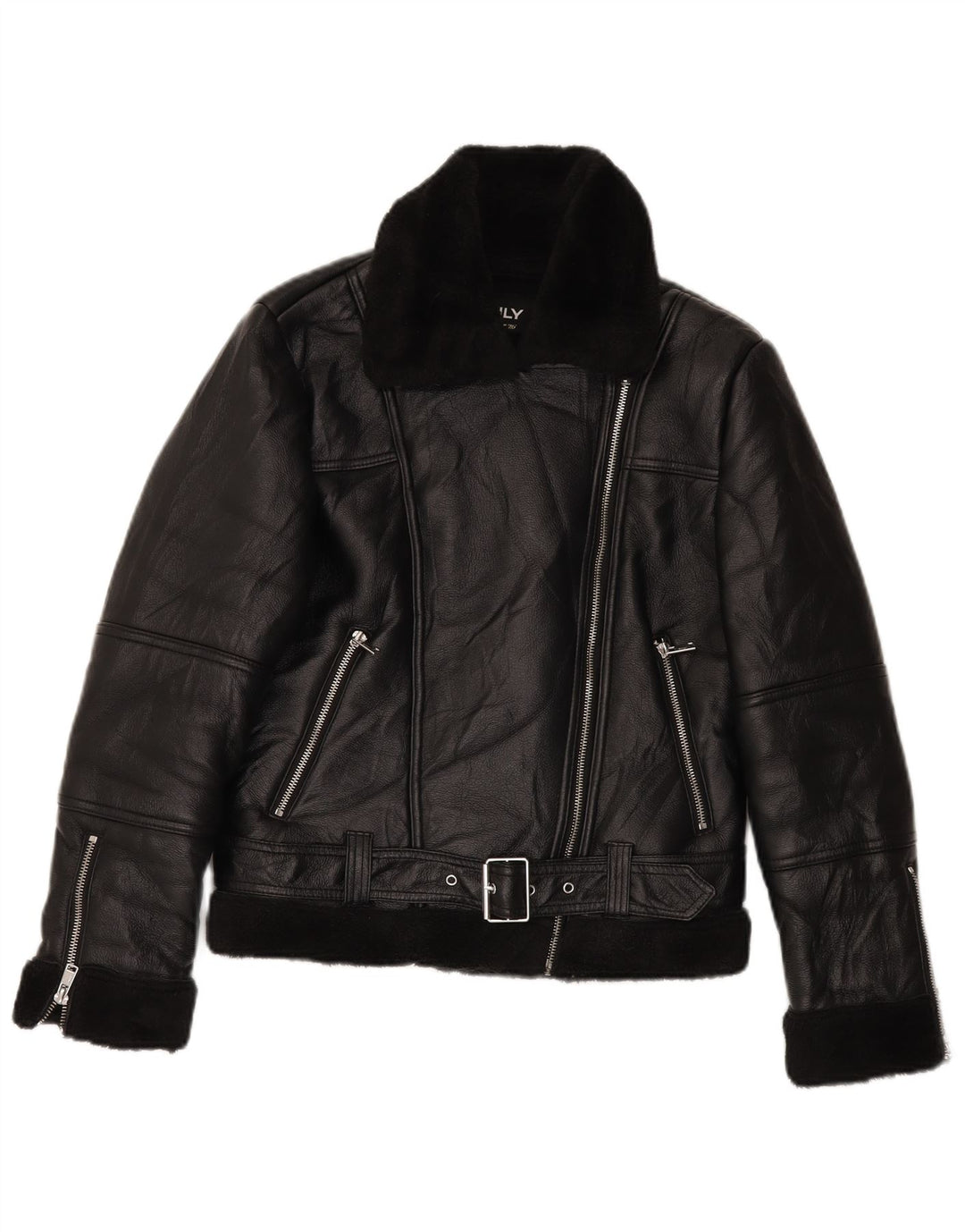 VINTAGE Γυναικείο Sherpa Faux Leather Biker Jacket UK 10 Small Black