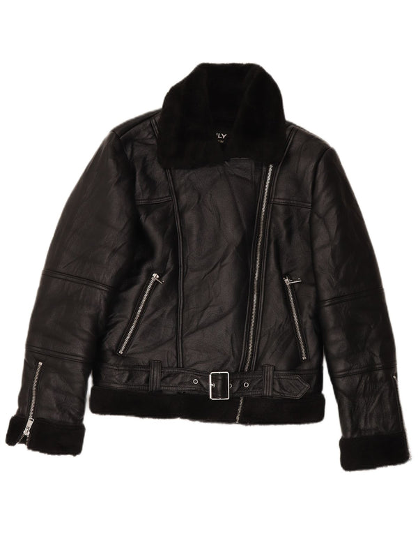 VINTAGE Γυναικείο Sherpa Faux Leather Biker Jacket UK 10 Small Black
