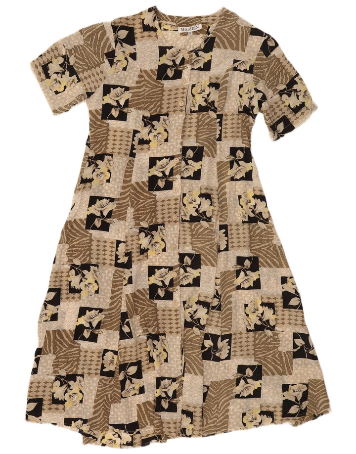 Vintage γυναικείο φόρεμα τσαγιού UK 14 Medium Beige Patchwork Silk