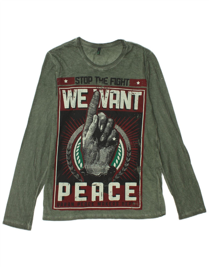 BENETTON Ανδρικό γραφικό τοπ μακρυμάνικο μικρό πράσινο βαμβακερό