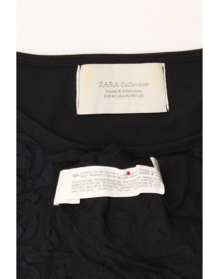 Zara Γυναικείο T-Shirt Abstract Pattern Top UK 12 μεσαίο μαύρο βαμβακερό