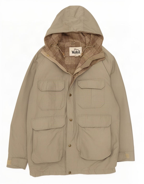 Woolrich Mens Hooded Parka Jacket UK 38 Medium Grey Cotton