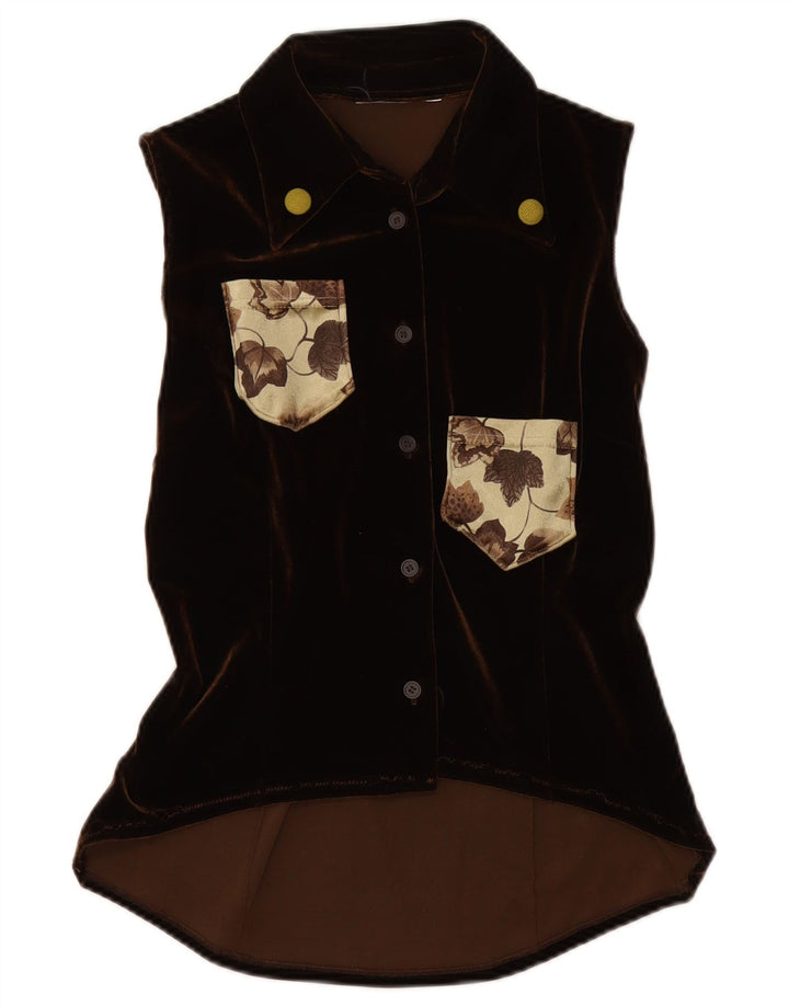 VINTAGE Γυναικείο Βελούδινο Αμάνικο Μπλούζα UK 12 Μεσαίο Καφέ Floral