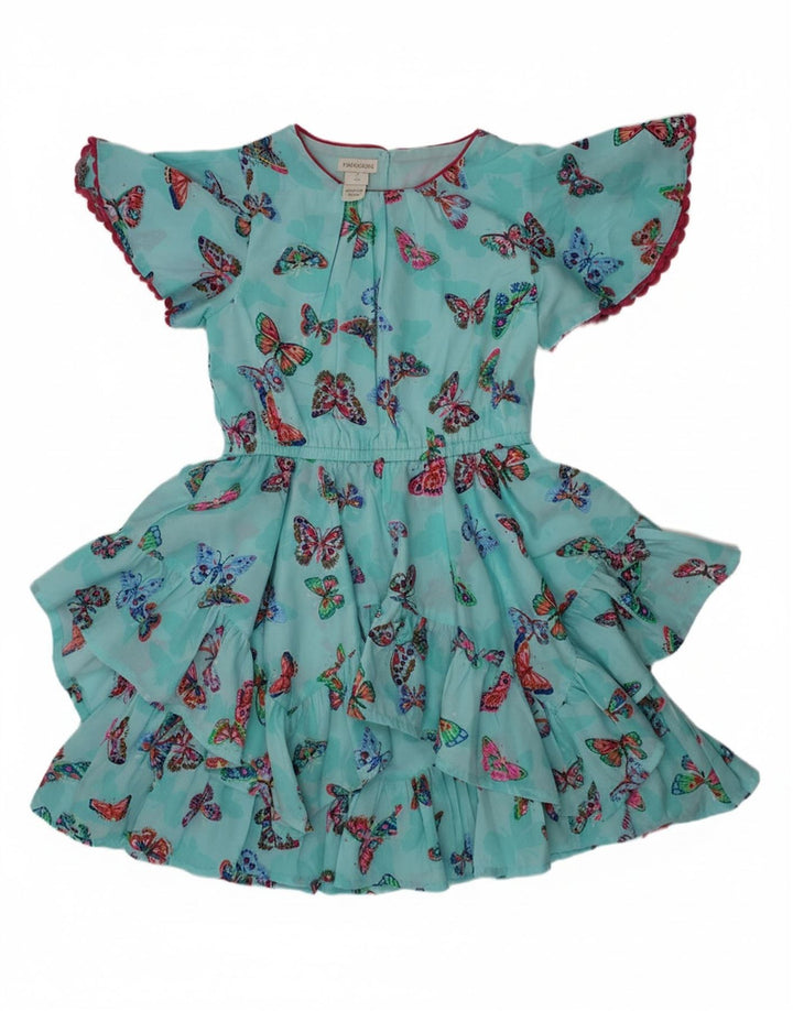 MONSOON Girls Tiered Dress 5-6 Years Blue Polyester Butterfly