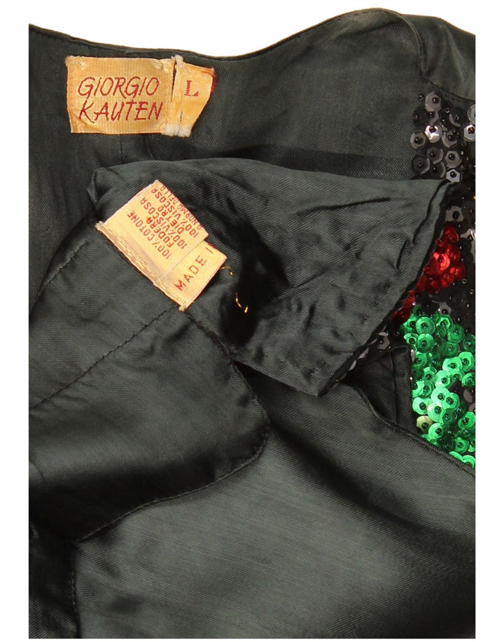 GIORGIO KAUTEN Γυναικείο γιλέκο με παγιέτα UK 16 μεγάλο μαύρο φλοράλ βαμβακερό