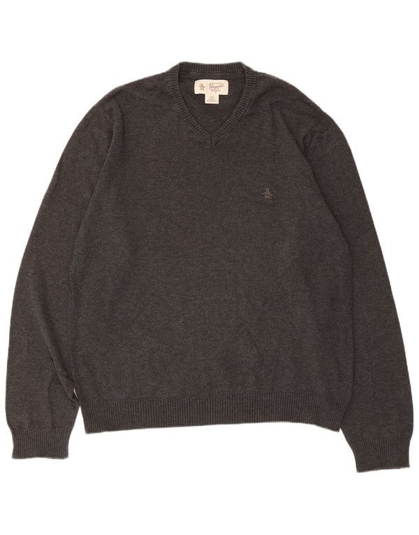 Penguin Mens V-Neck Jumper Sweater Large Grey Cotton