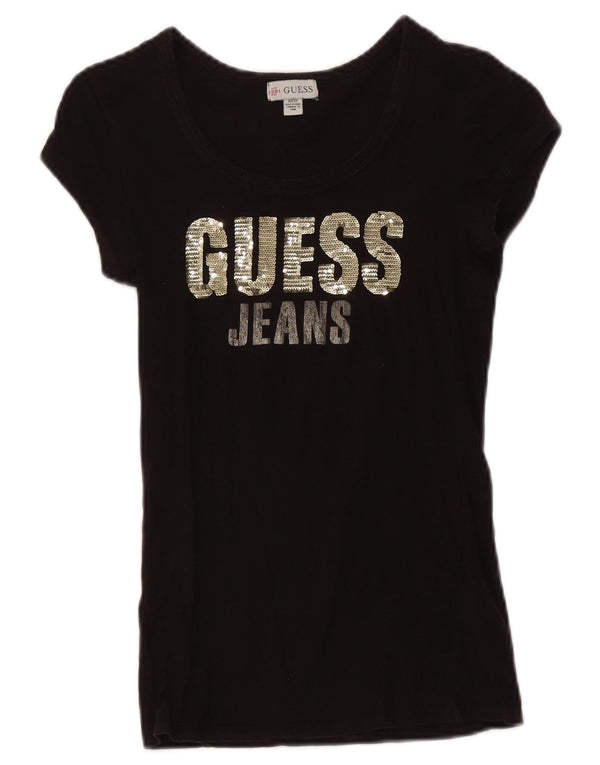 Guess Γυναικείο γραφικό T-Shirt Top UK 4 XS Μαύρο βαμβακερό