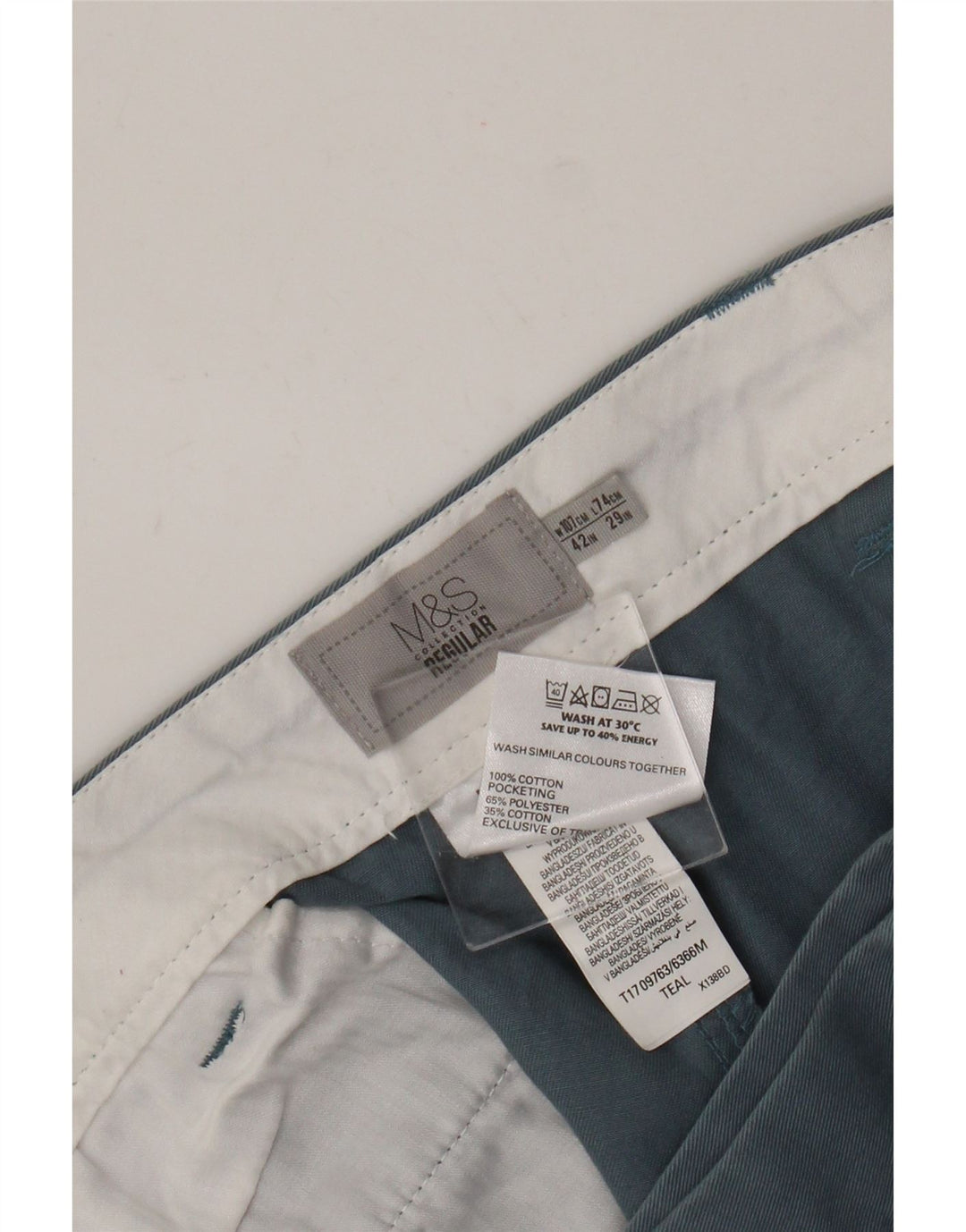 Marks & Spencer Ανδρικό παντελόνι Chino με κανονική εφαρμογή W42 L29 Μπλε βαμβακερό