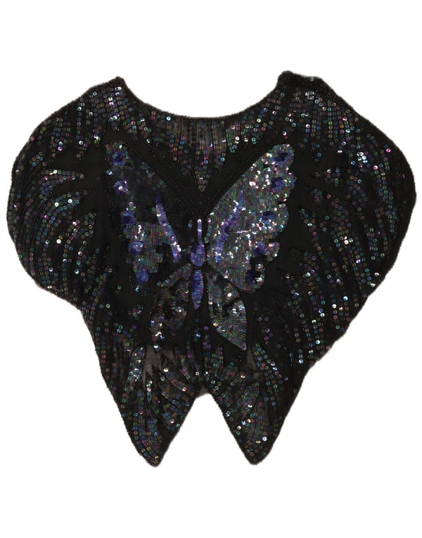 Vintage Womens See Through Sequin Blouse Top UK 14 Large Black Butterfly