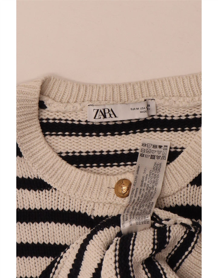 ZARA Γυναικείο πουλόβερ με ζακέτα UK 14 Μέτριο Λευκό ριγέ