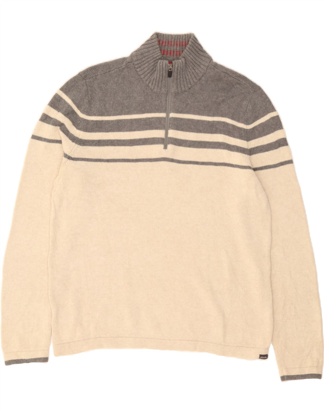 EDDIE BAUER Mens Zip Neck Jumper Sweater Medium Beige Colourblock Cotton Vintage Eddie Bauer and Second-Hand Eddie Bauer from Messina Hembry 