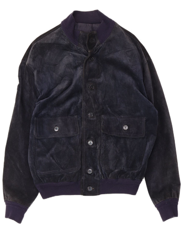 Bayside Ανδρικό Suede Bomber Jacket UK 40 Large Navy Blue Leather