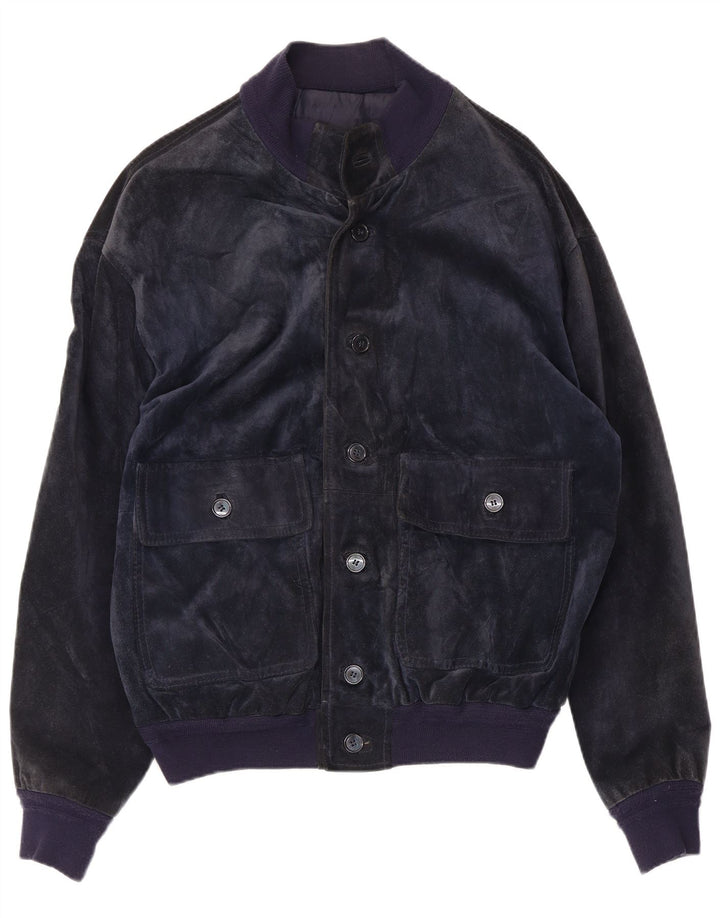Bayside Ανδρικό Suede Bomber Jacket UK 40 Large Navy Blue Leather