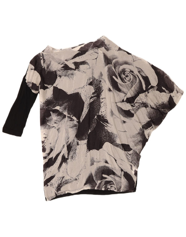 Benetton Womens Batwing One Shoulder Top 10 Small Black Floral Silk