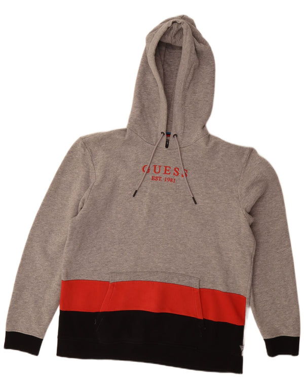 Guess Mens Graphic Regular Fit Hoodie Jumper Large Grey Colourblock Cotton