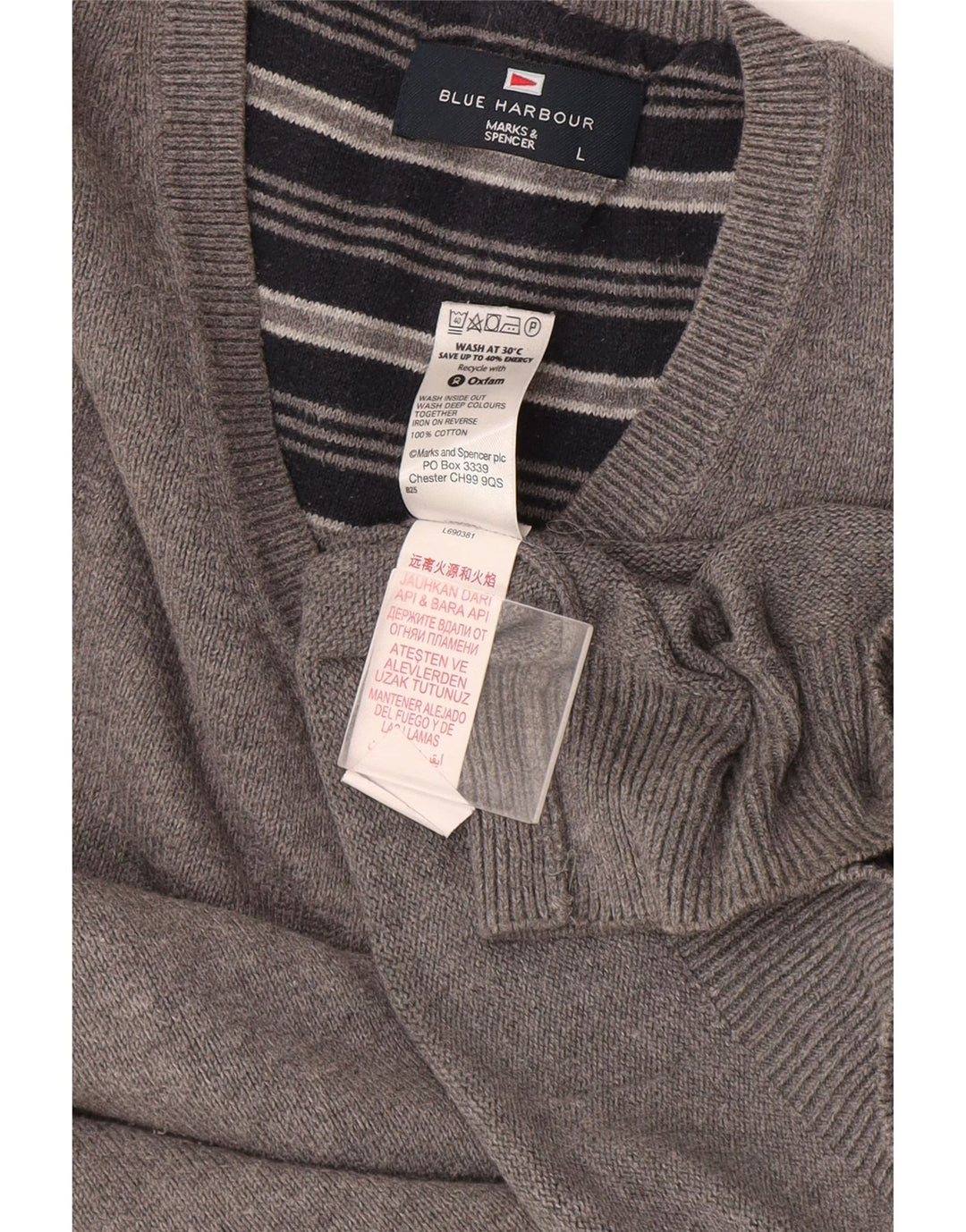 Ανδρικό πουλόβερ Marks & Spencer Blue Harbor με λαιμόκοψη με λαιμόκοψη σε μεγάλο γκρι βαμβάκι