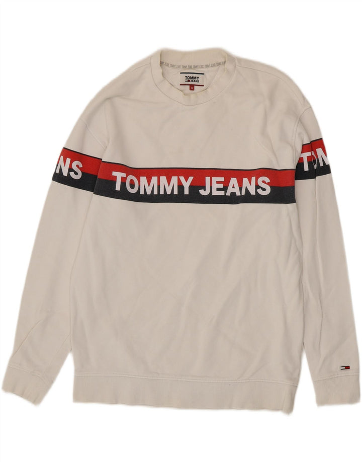 TOMMY HILFIGER Mens Graphic Sweatshirt Jumper Small White Cotton Vintage Tommy Hilfiger and Second-Hand Tommy Hilfiger from Messina Hembry 