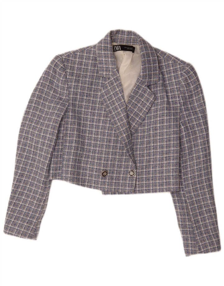 Zara Γυναικείο Μπουφάν Blazer με διπλό στήθος Crop UK 14 Medium Blue Check