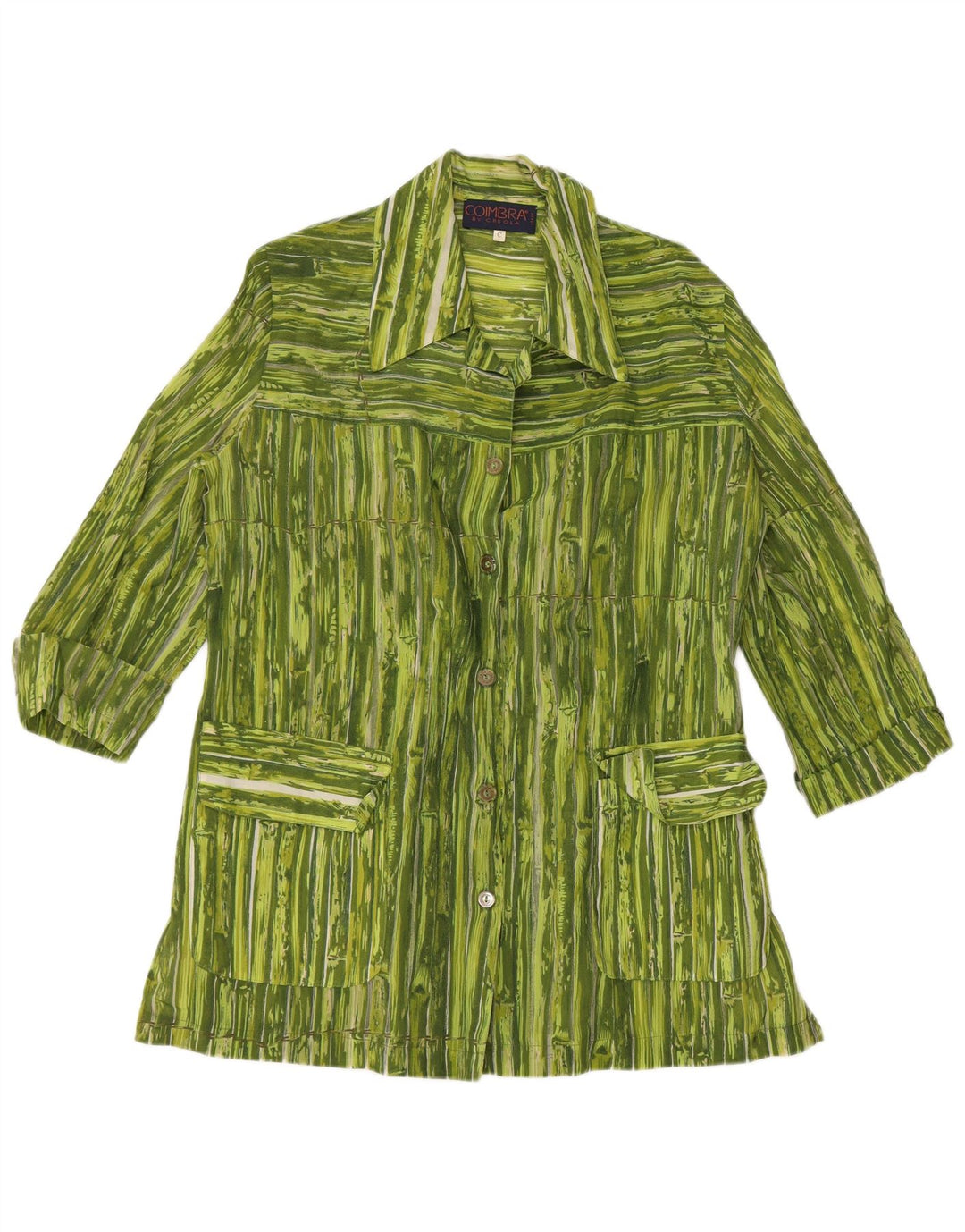 VINTAGE γυναικείο πουκάμισο 3/4 μανίκι μπλούζα UK 14 μεσαίο πράσινο ριγέ βισκόζη