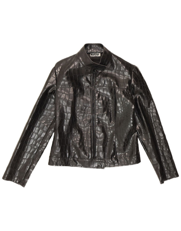 Vintage Γυναικείο Faux Leather Bomber Jacket UK 10 Small Black Animal Print