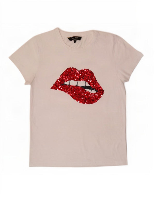 Lipsy Γυναικείο γραφικό T-Shirt Top UK 14 Μεσαίο λευκό βαμβακερό