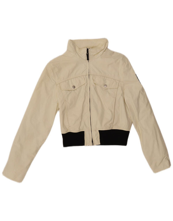 REFRIGUE Γυναικείο Crop Bomber Jacket UK 10 Small Off White Colorblock Nylon