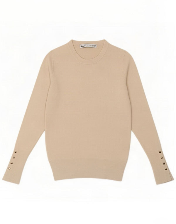 Zara Womens Crew Neck Jumper πουλόβερ UK 10 Small Beige Viscose