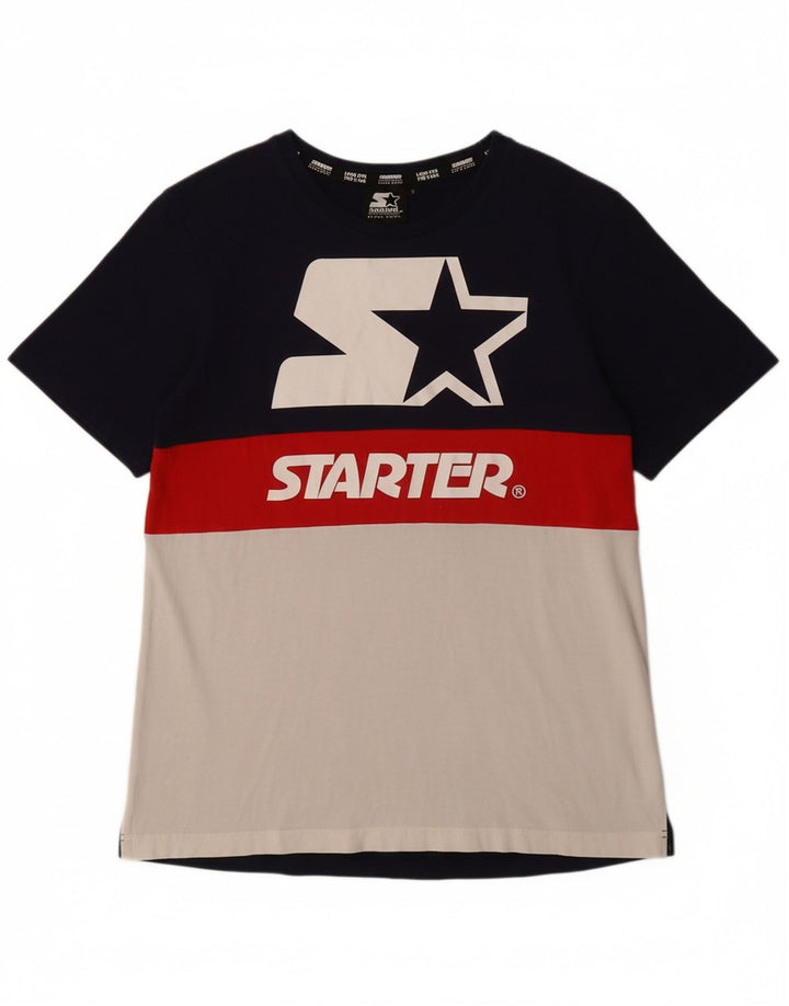 STARTER Mens BLACK LABEL Graphic T-Shirt Top Small Navy Blue Colourblock