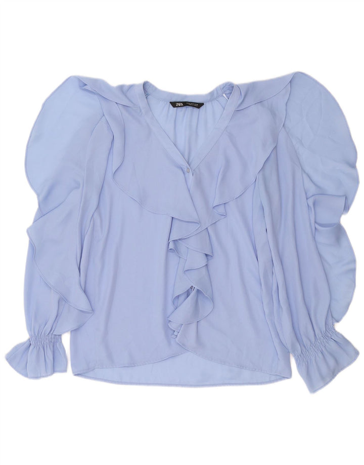 ZARA Γυναικείο πουκάμισο βολάν μπλούζα UK 14 Medium Blue